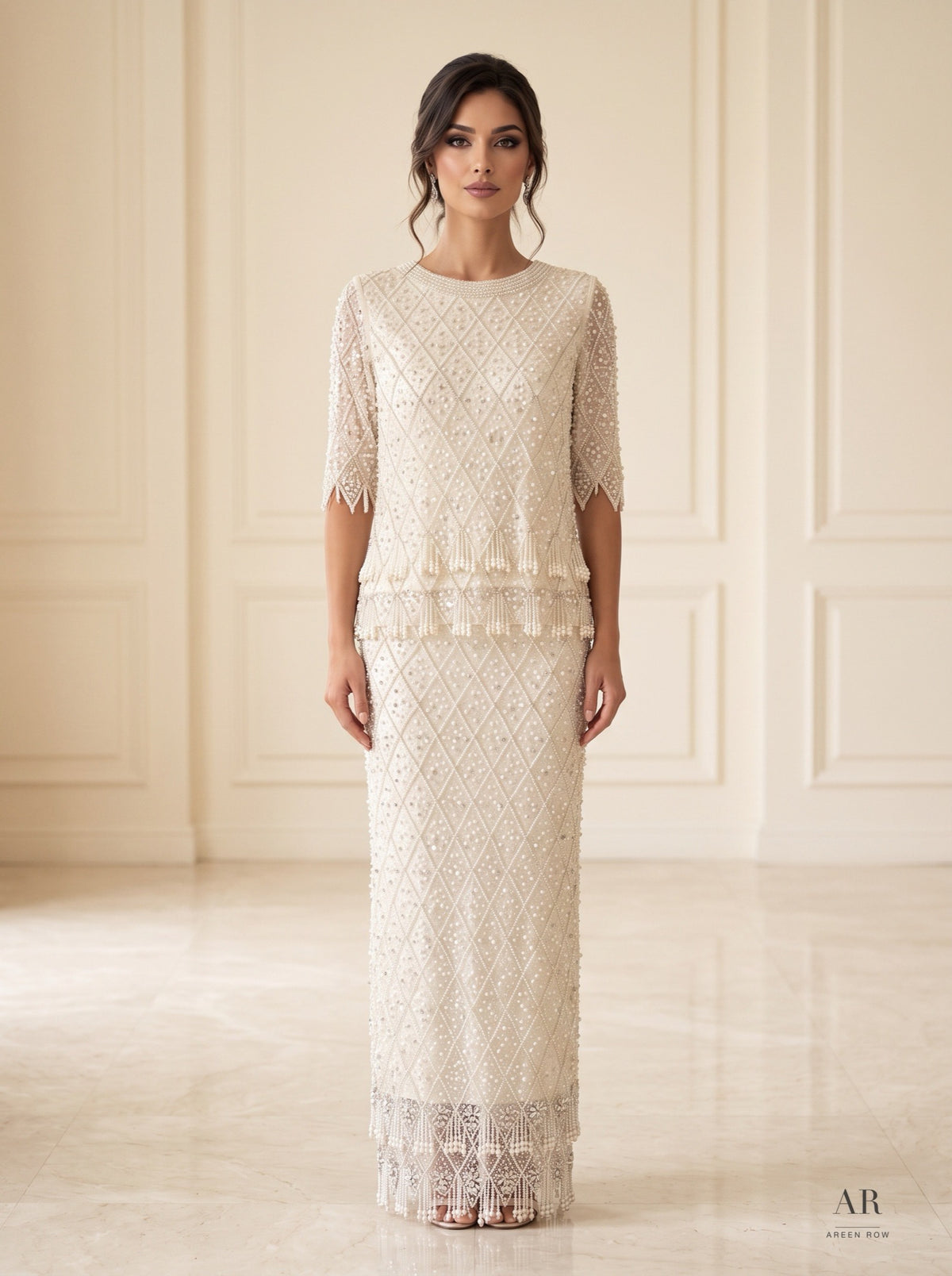 Perla Set ivory pearl two-piece two-piece gown by Areen Row, front view