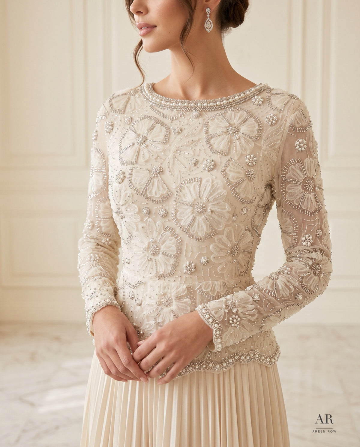 Fleur Set ivory floral beaded top & pleated skirt wedding dress by Areen Row, view 3