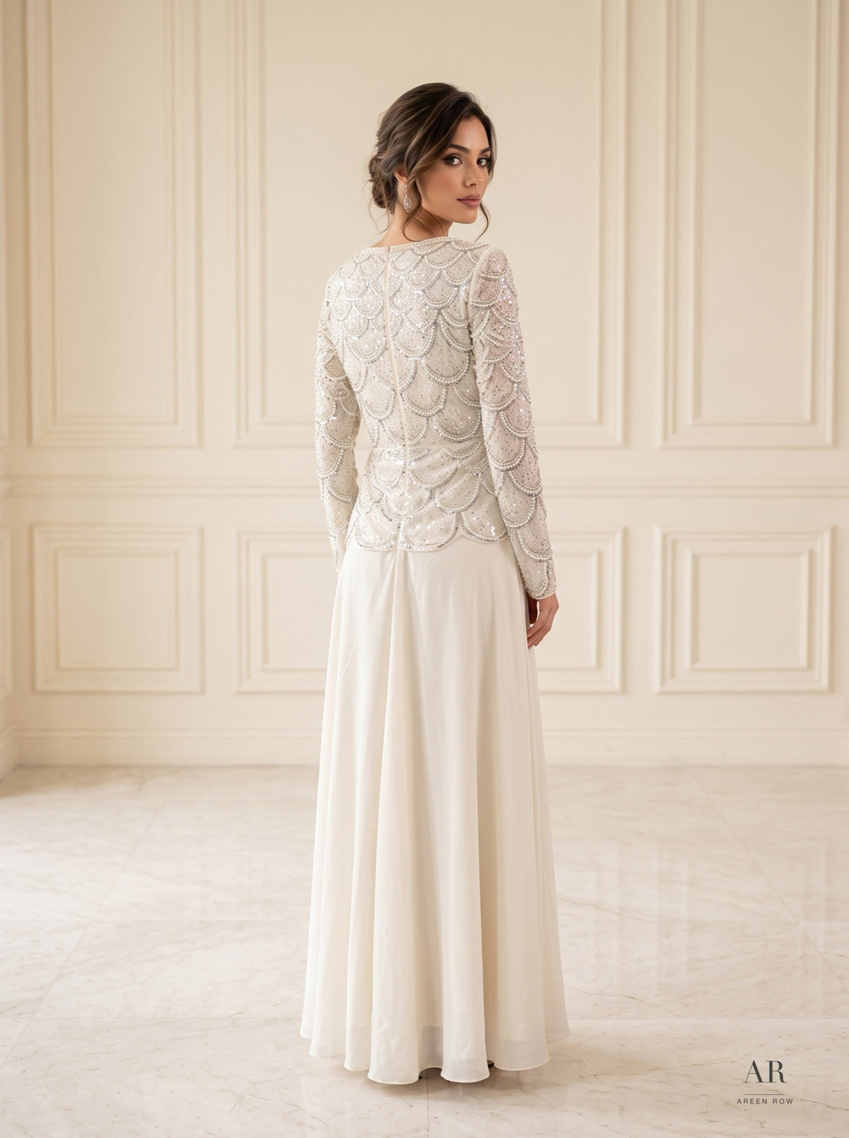 Seraphine Set ivory/blush scallop sequin top & ivory maxi skirt two-piece gown by Areen Row, detail view