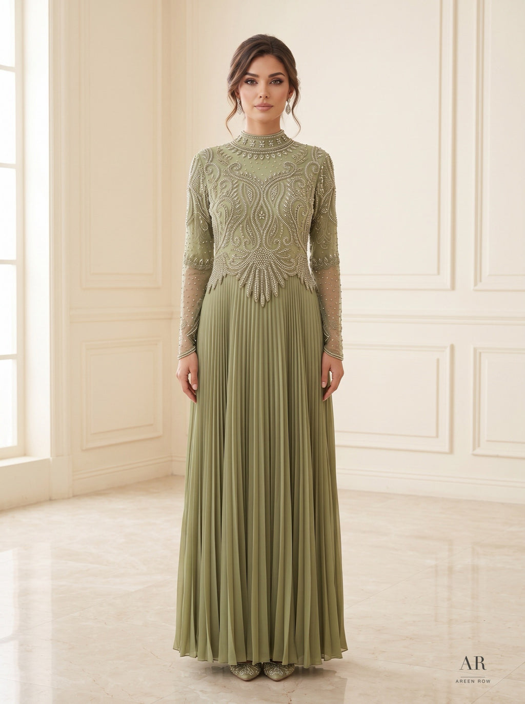 Sabine sage pearl-embroidered pleated mother of the bride gown by Areen Row, front view