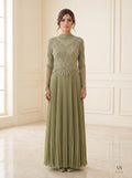 Sabine sage pearl-embroidered pleated mother of the bride gown by Areen Row, front view