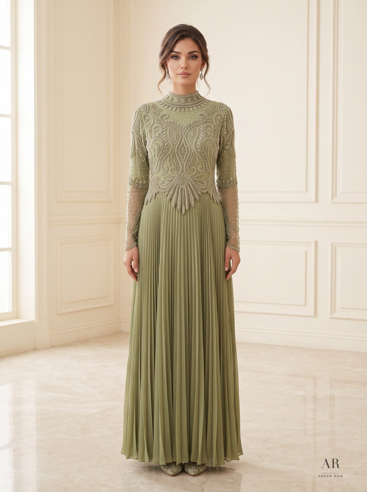 Sabine sage pearl-embroidered pleated mother of the bride gown by Areen Row, front view