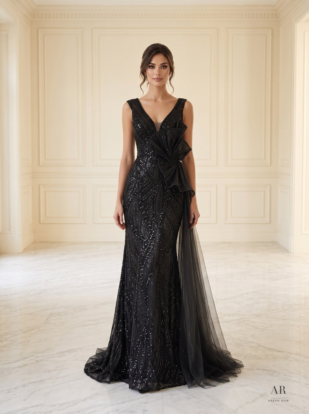Nocturne black sequin v-neck tulle evening gown by Areen Row, front view