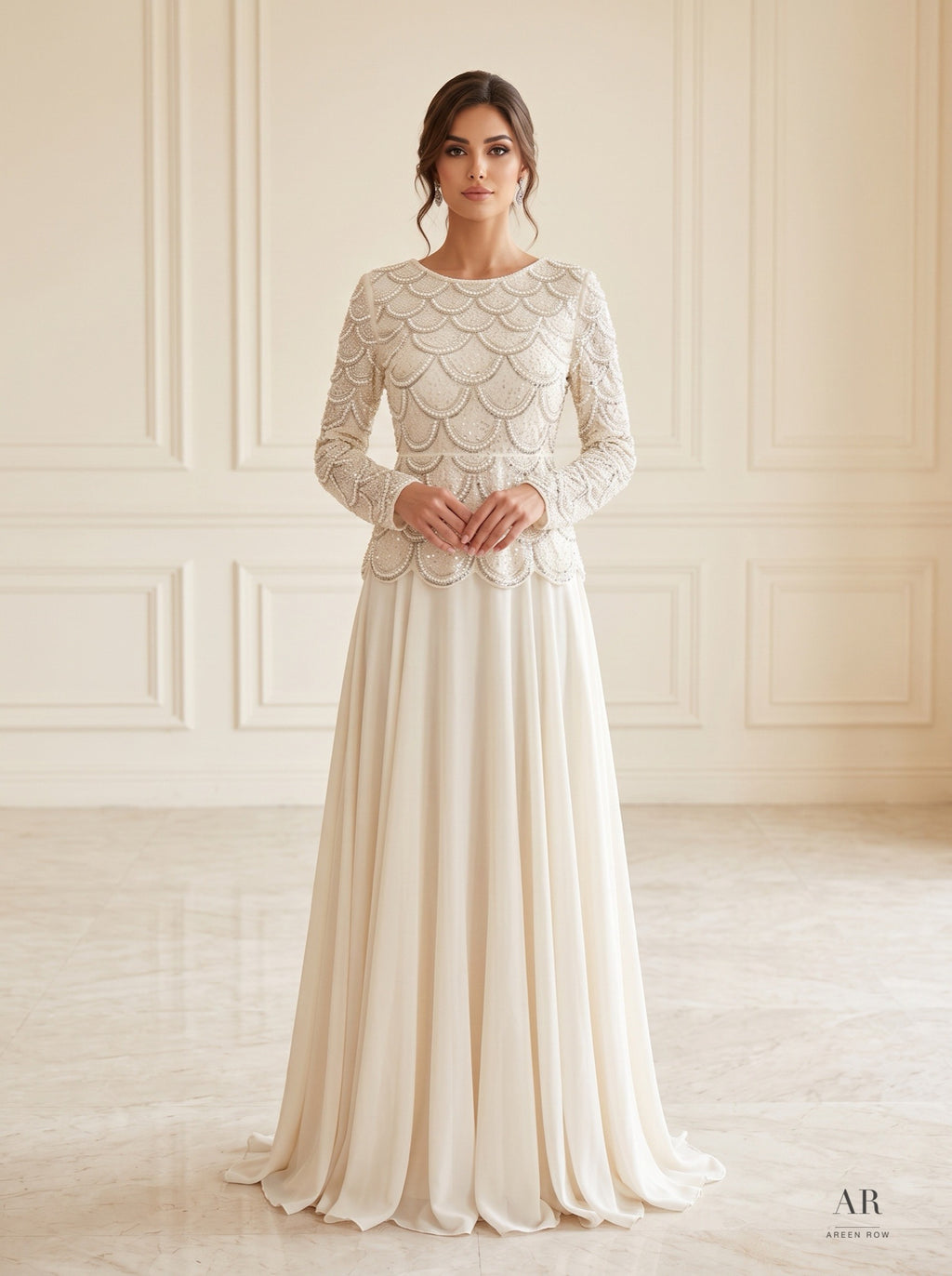 Seraphine Set ivory/blush scallop sequin top & ivory maxi skirt two-piece gown by Areen Row, front view
