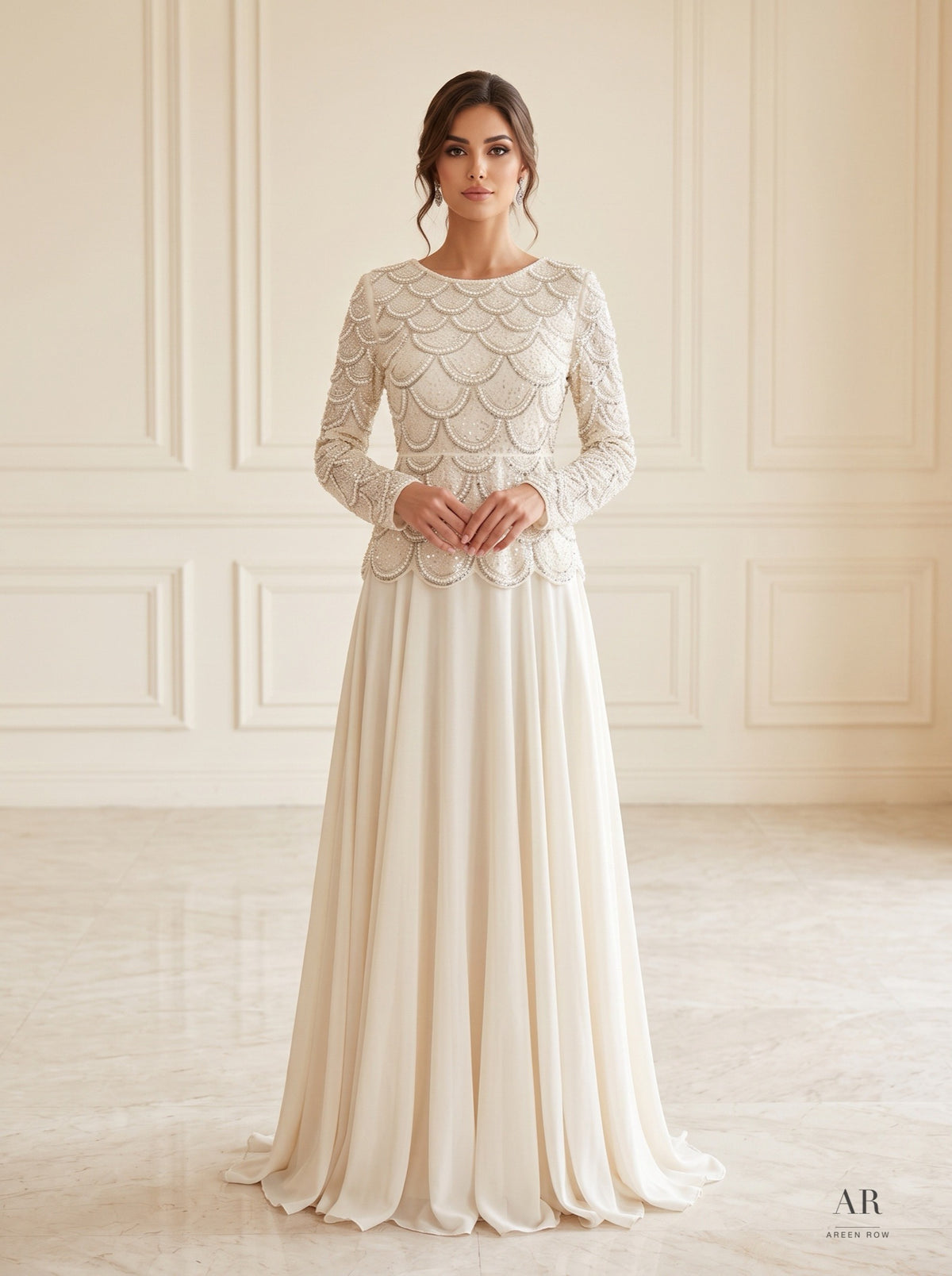 Seraphine Set ivory/blush scallop sequin top & ivory maxi skirt two-piece gown by Areen Row, front view