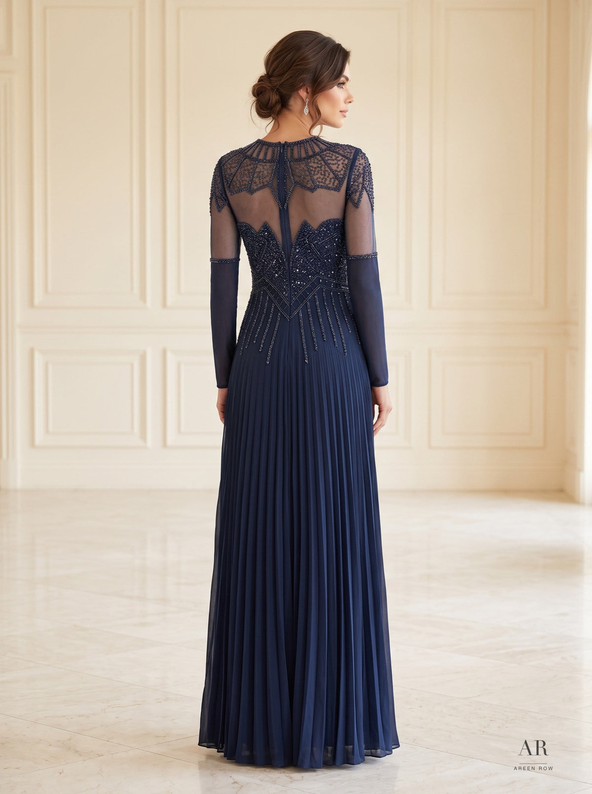 Celestine navy illusion beaded pleated mother of the bride gown by Areen Row, view 7