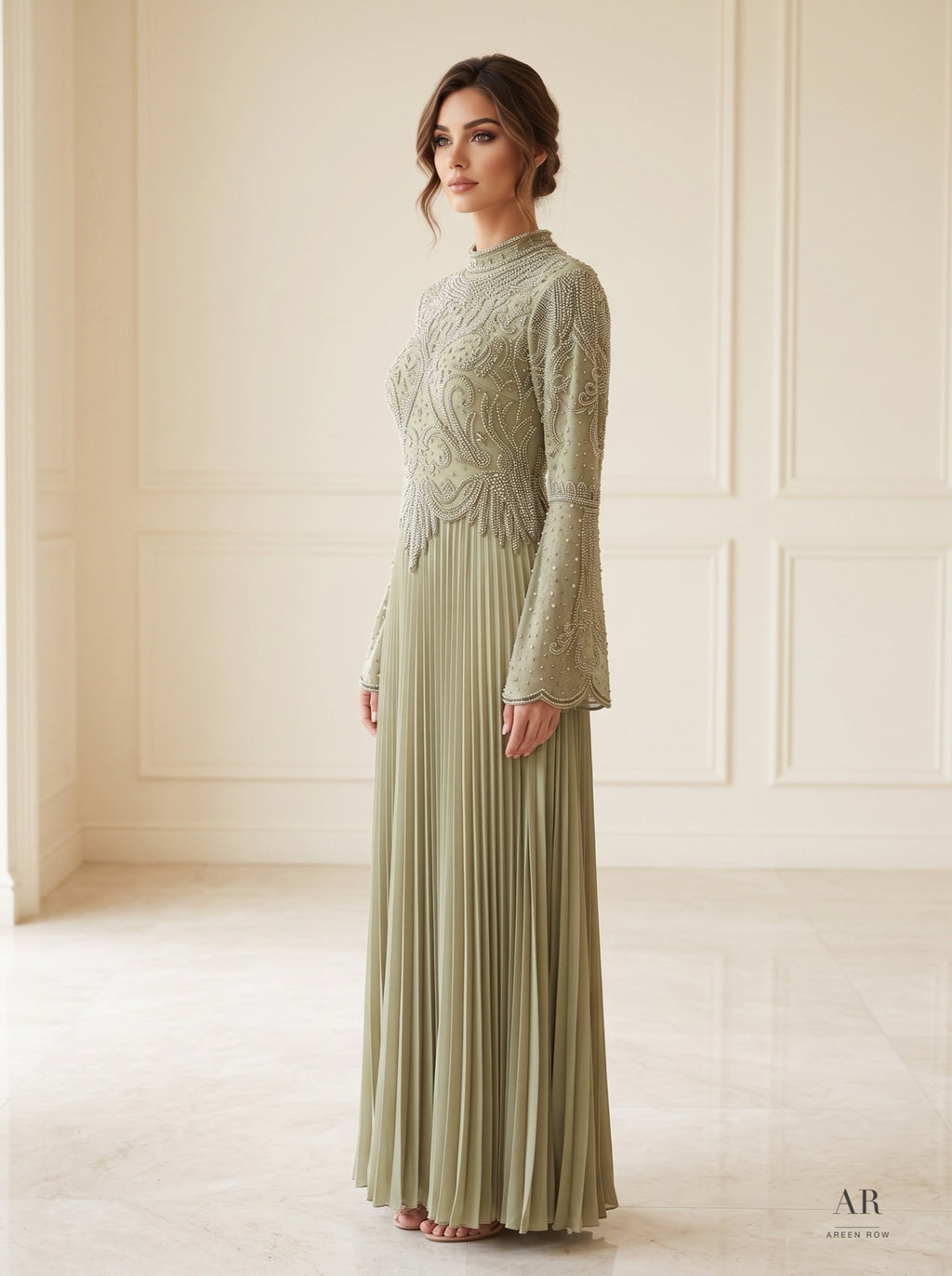 Sabine sage pearl-embroidered pleated mother of the bride gown by Areen Row, view 5