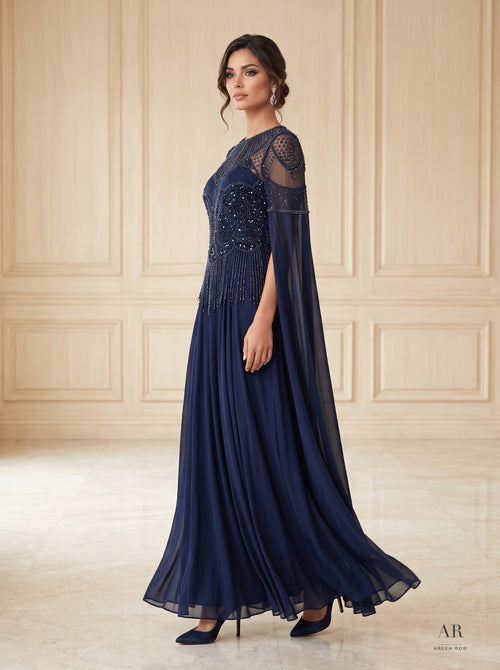 Celestine navy illusion beaded pleated mother of the bride gown by Areen Row, detail view