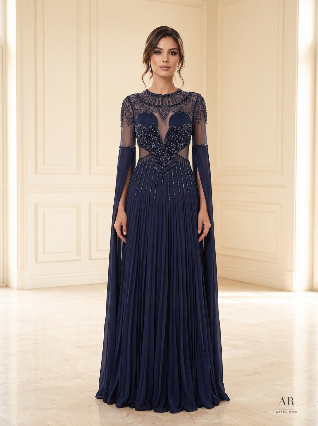 Celestine navy illusion beaded pleated mother of the bride gown by Areen Row, view 4