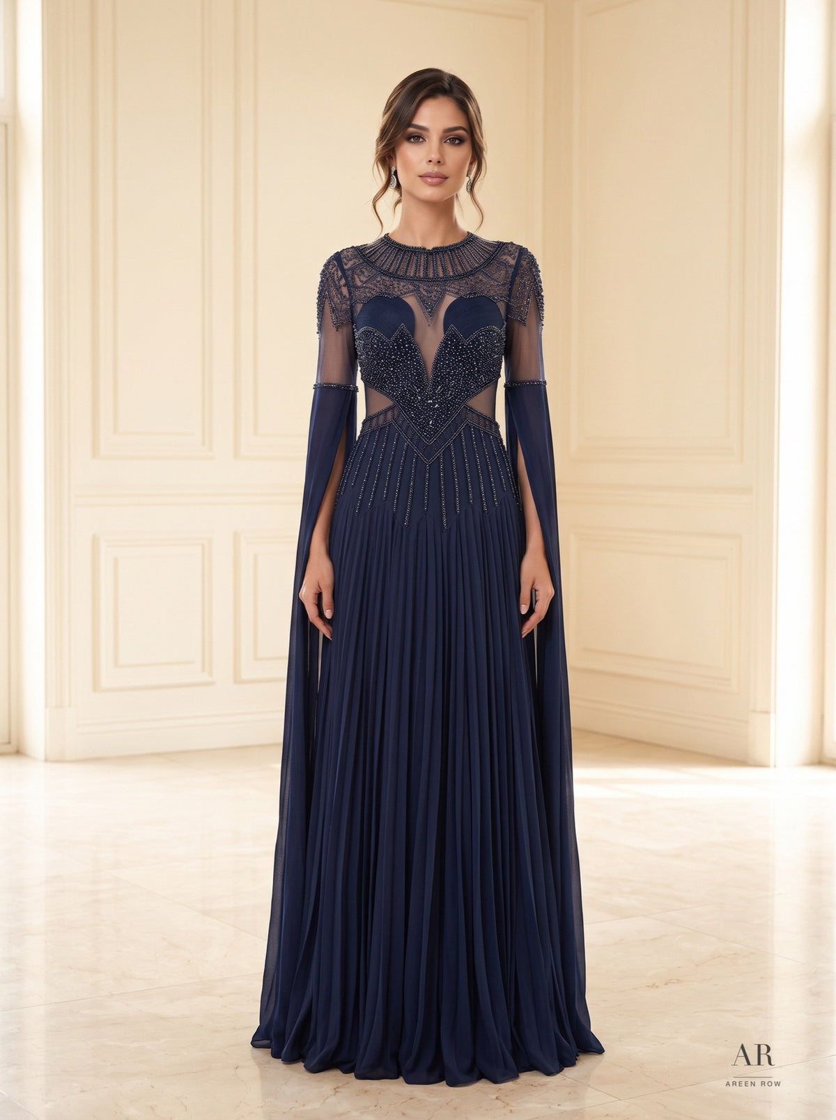 Celestine navy illusion beaded pleated mother of the bride gown by Areen Row, view 4