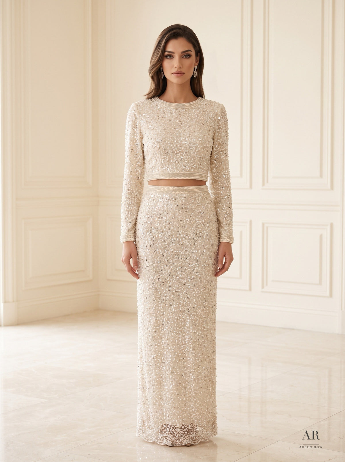 Aurelia Set ivory beaded jacket & skirt two-piece gown by Areen Row, detail view