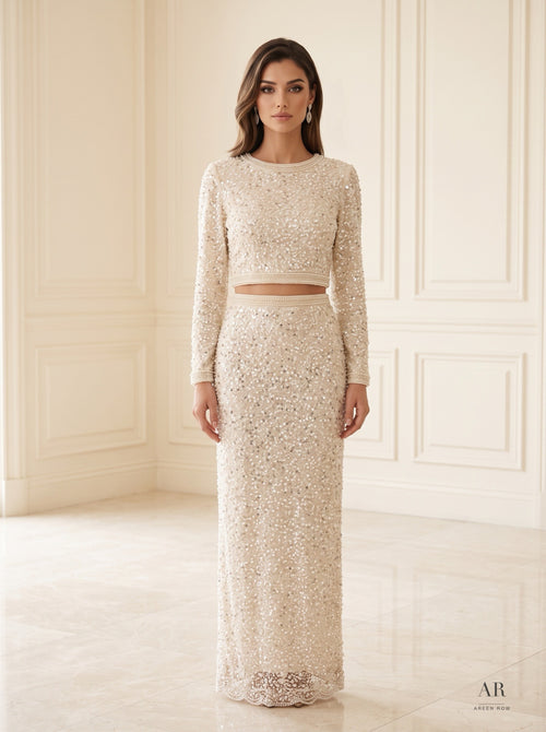 Aurelia Set ivory beaded jacket & skirt two-piece gown by Areen Row, detail view