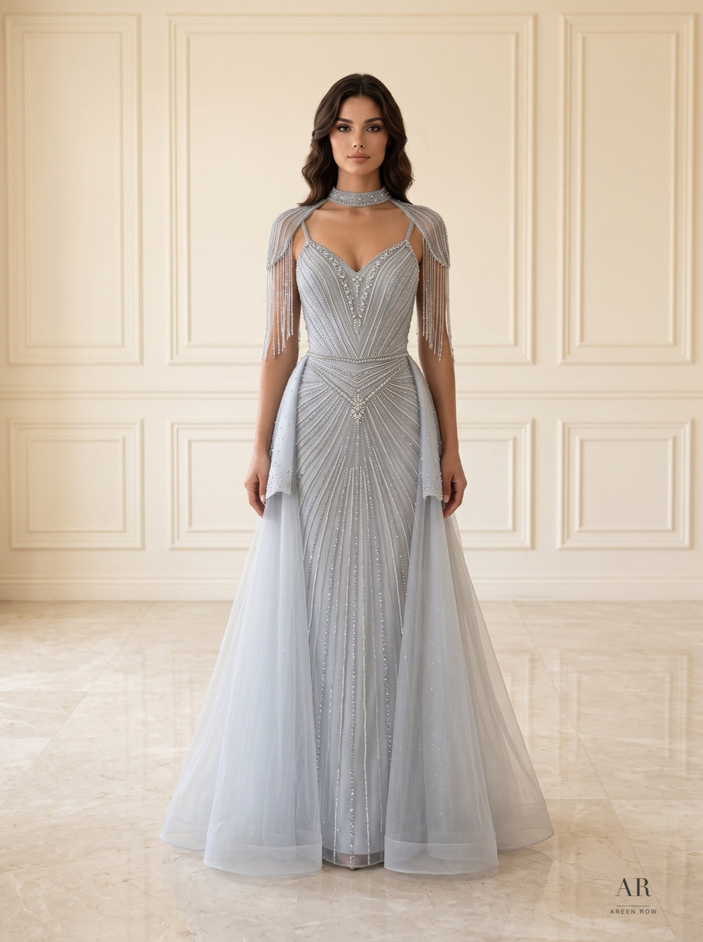 Soleil ruffle-overskirt beaded evening gown by Areen Row, view 3