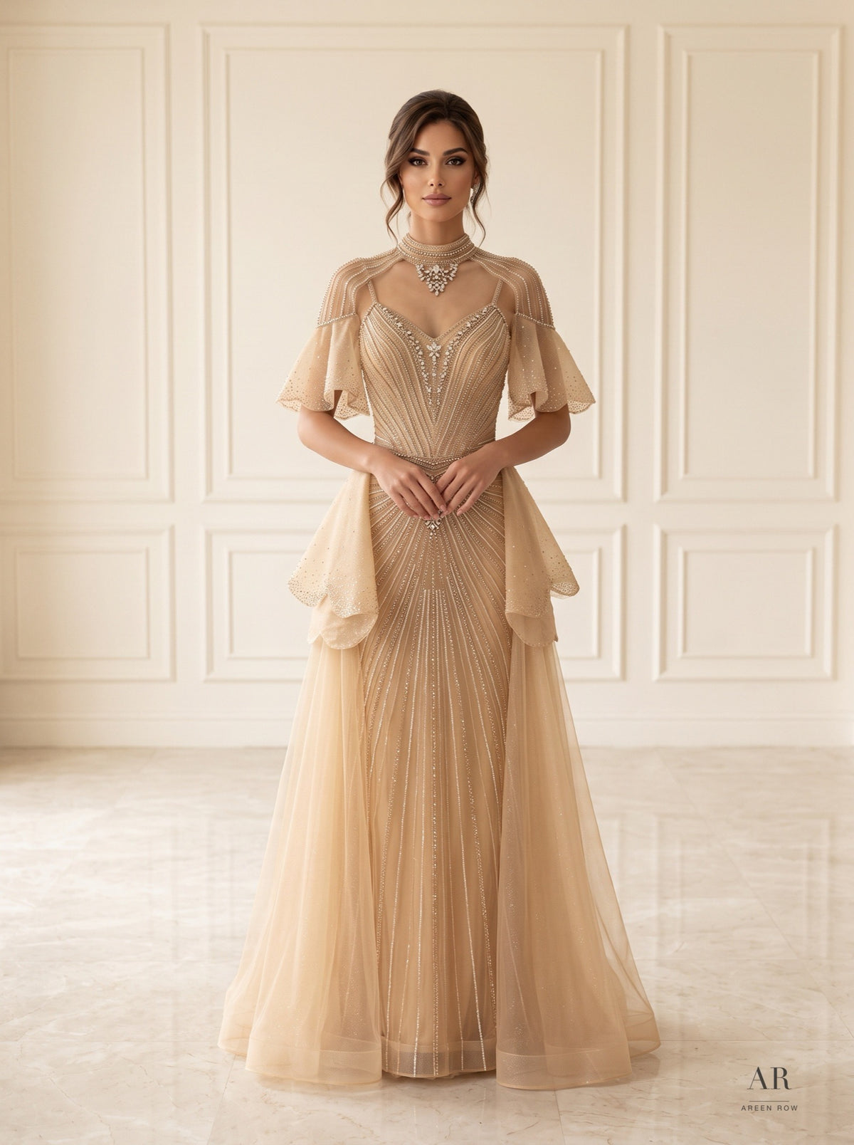 Soleil ruffle-overskirt beaded evening gown by Areen Row, front view
