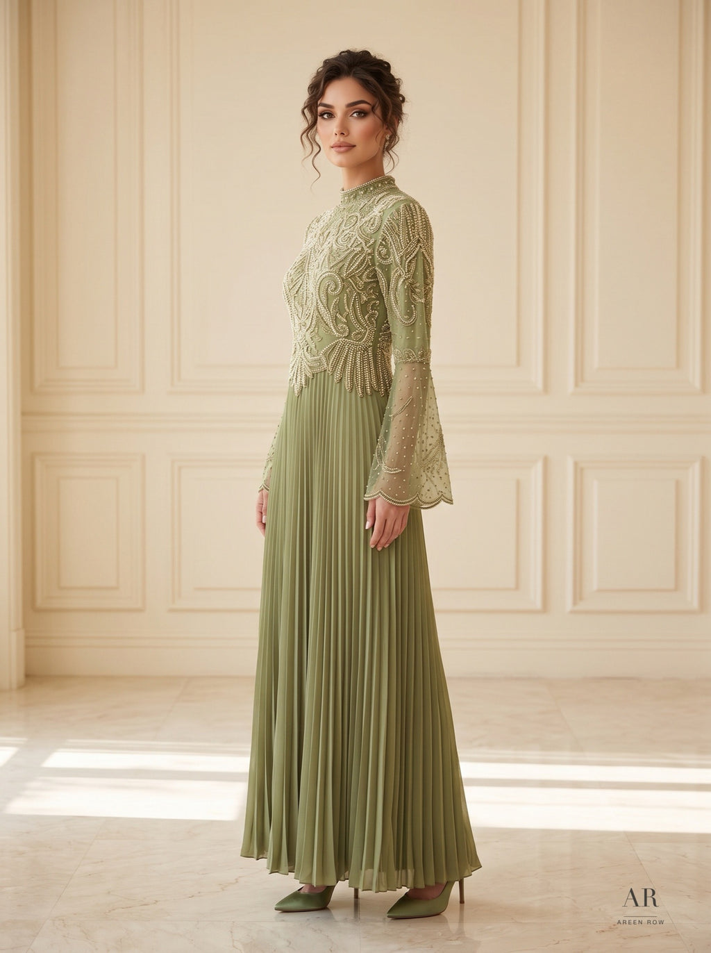 Sabine sage pearl-embroidered pleated mother of the bride gown by Areen Row, view 3