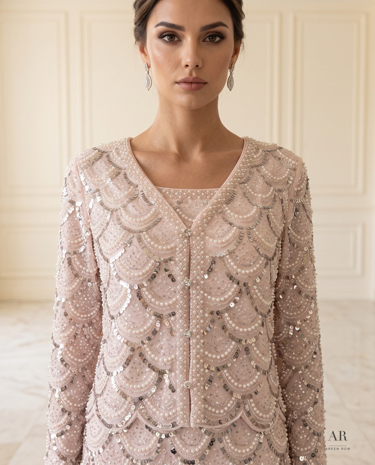 Camille Dress blush scallop sequin midi cocktail dress by Areen Row, detail view