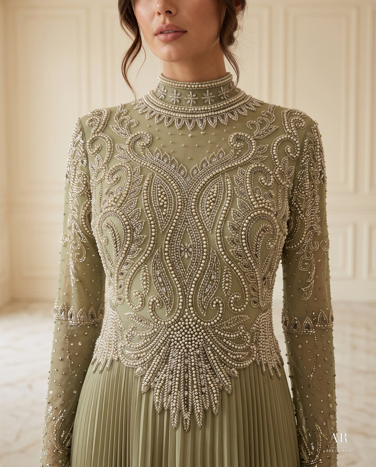 Sabine sage pearl-embroidered pleated mother of the bride gown by Areen Row, view 7