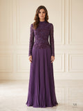 Violette purple beaded pleated mother of the bride gown by Areen Row, front view