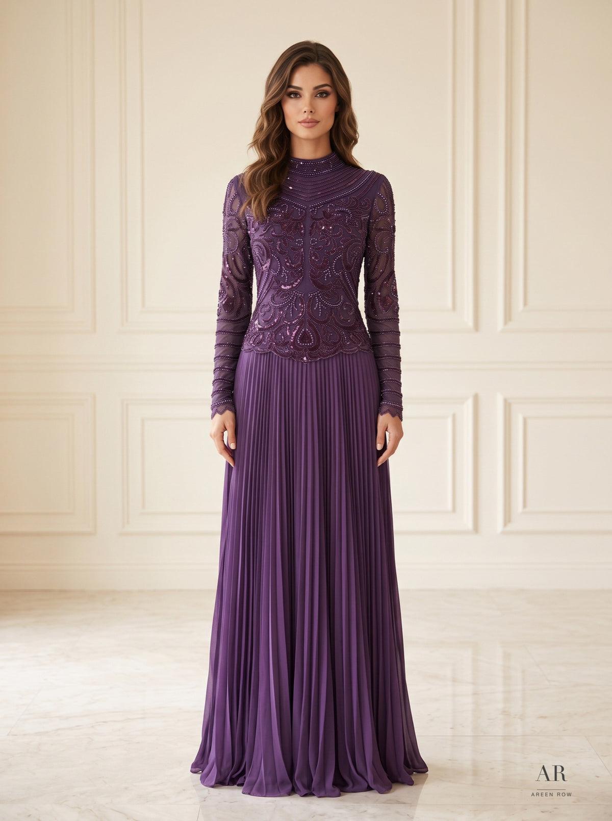 Violette purple beaded pleated mother of the bride gown by Areen Row, front view