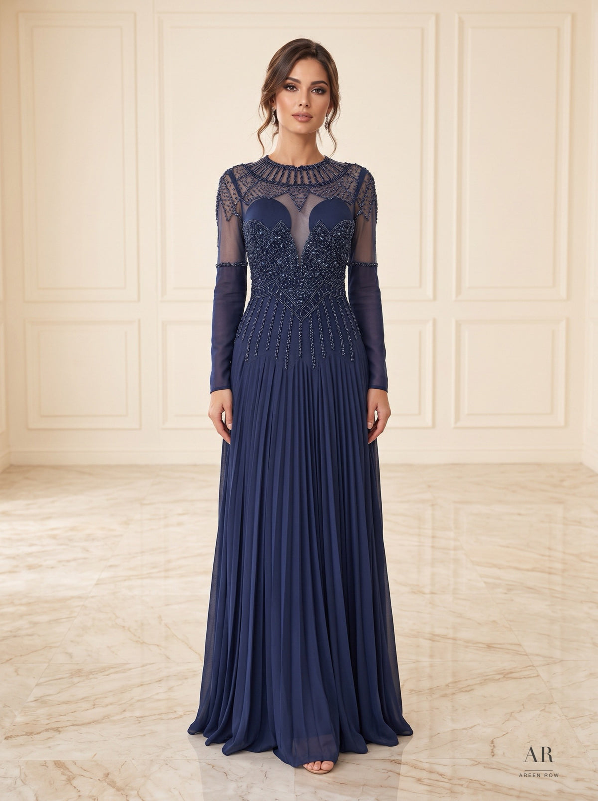 Celestine navy illusion beaded pleated mother of the bride gown by Areen Row, view 6