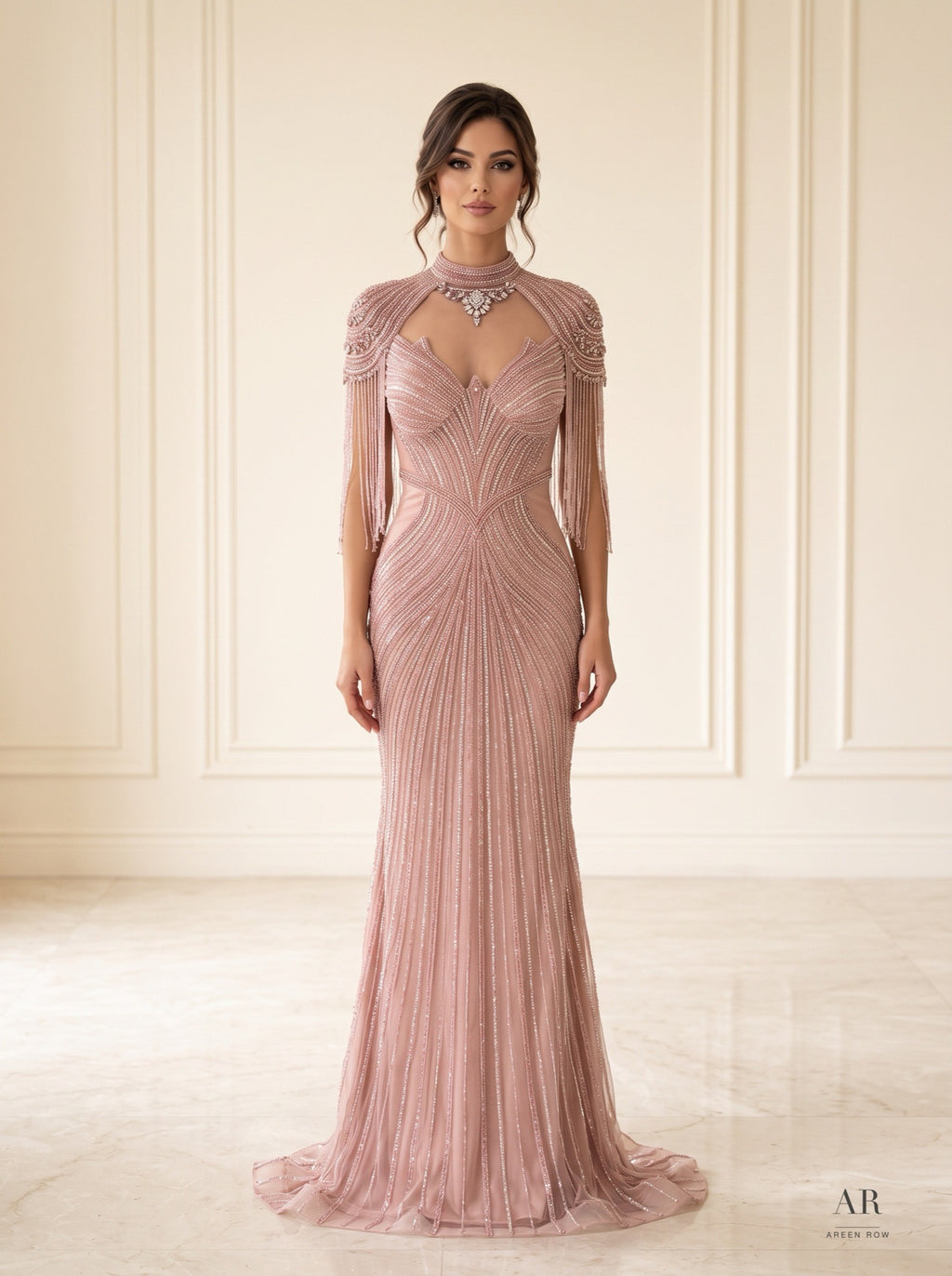 Rosabel blush beaded cape mermaid evening gown by Areen Row, detail view