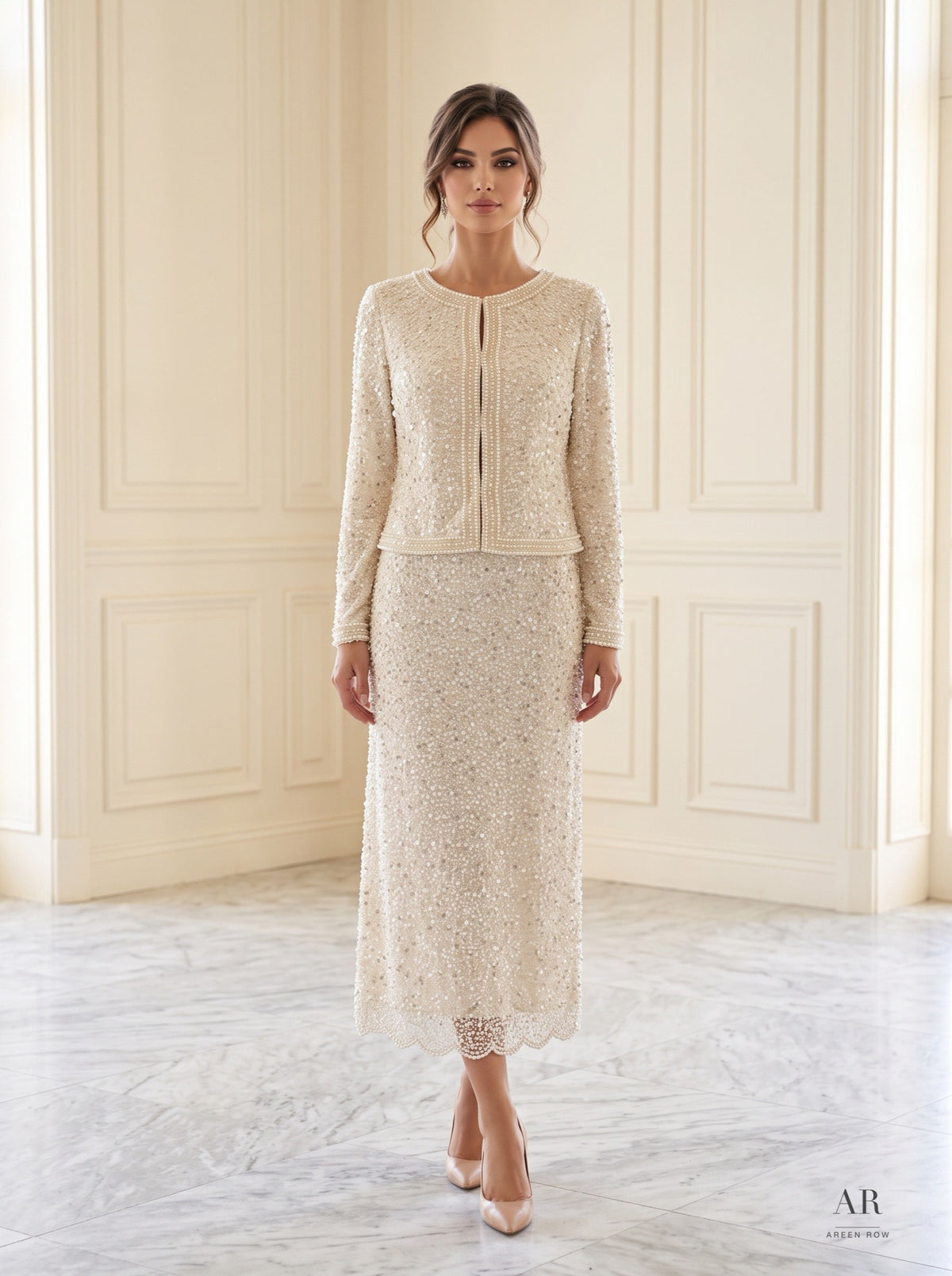 Aurelia Set ivory beaded jacket & skirt two-piece gown by Areen Row, view 3