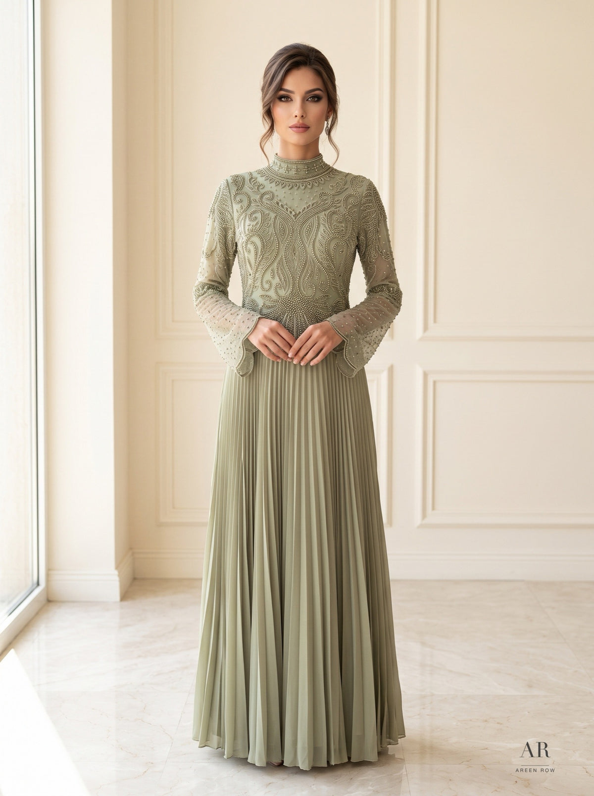 Sabine sage pearl-embroidered pleated mother of the bride gown by Areen Row, view 4
