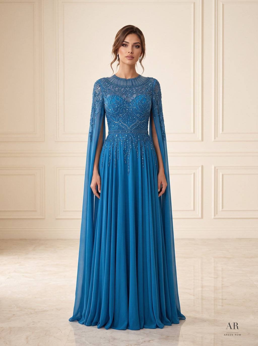 Celestine navy illusion beaded pleated mother of the bride gown by Areen Row, view 5