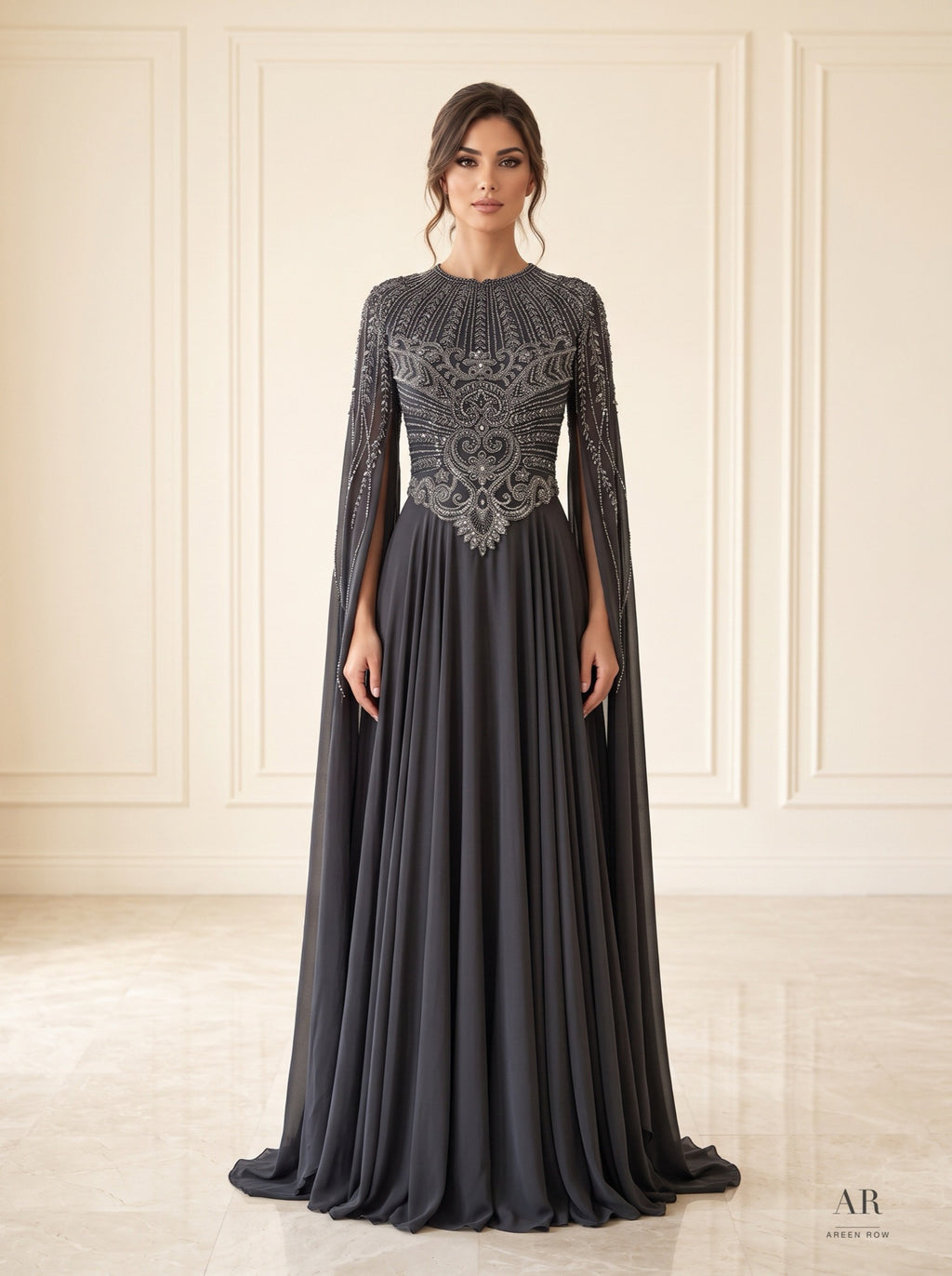 Celestine navy illusion beaded pleated mother of the bride gown by Areen Row, view 3