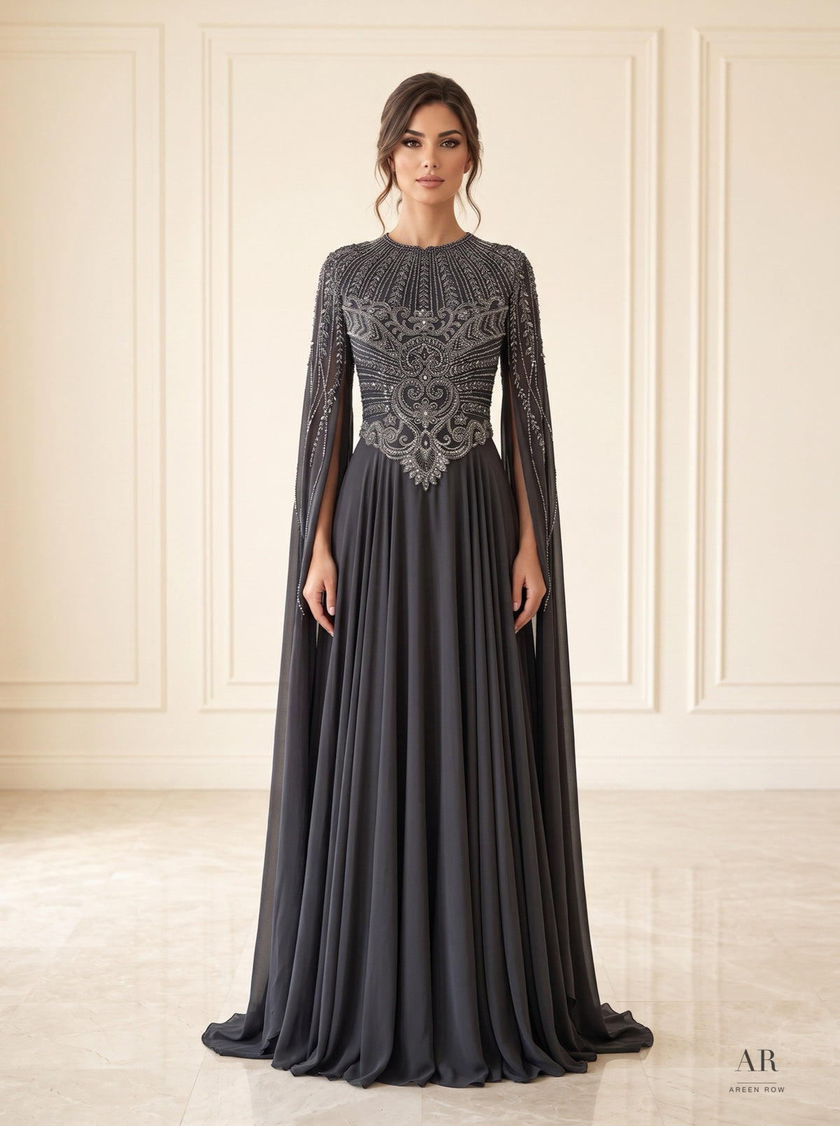 Celestine navy illusion beaded pleated mother of the bride gown by Areen Row, view 3