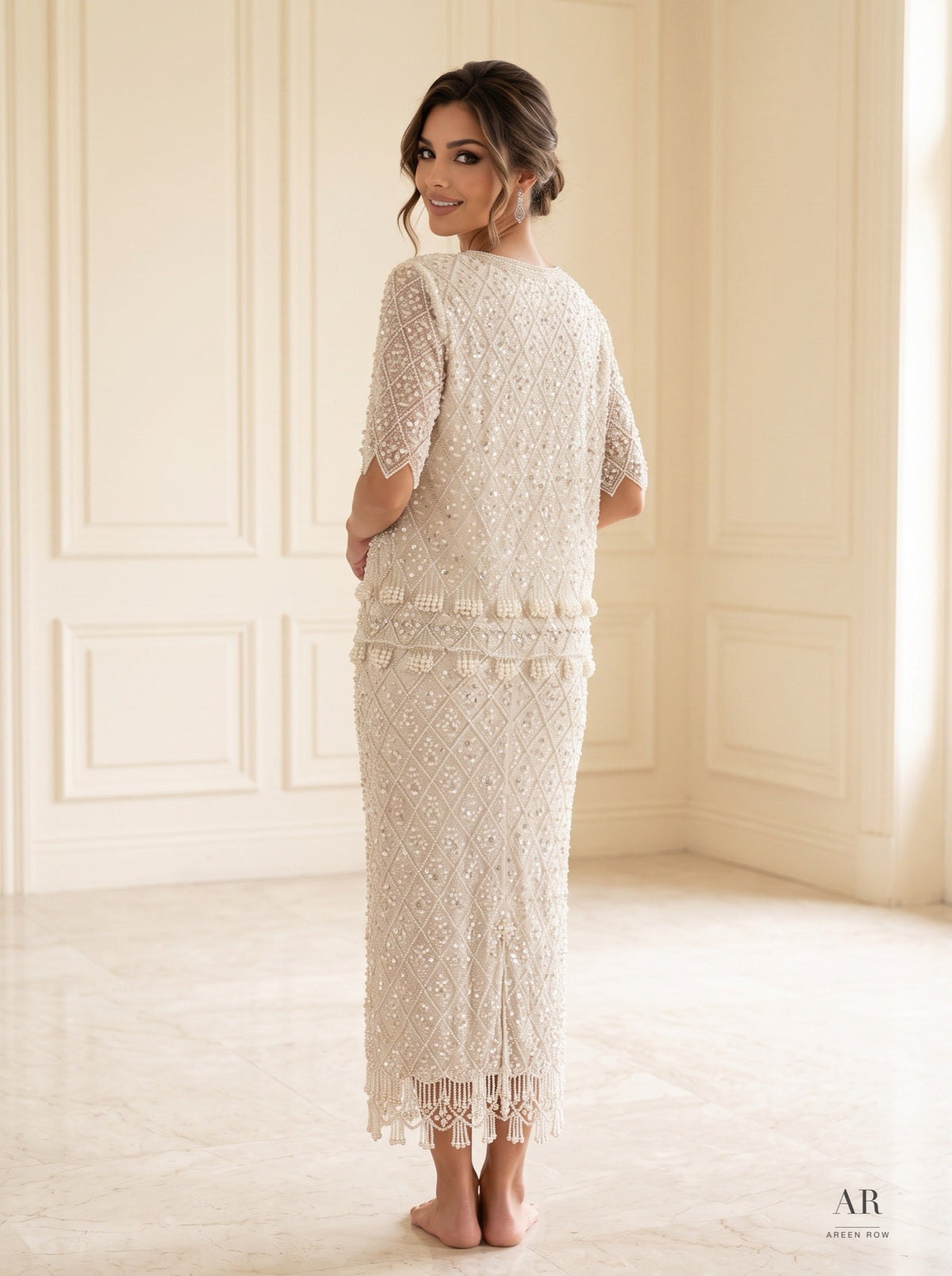 Perla Set ivory pearl two-piece two-piece gown by Areen Row, detail view