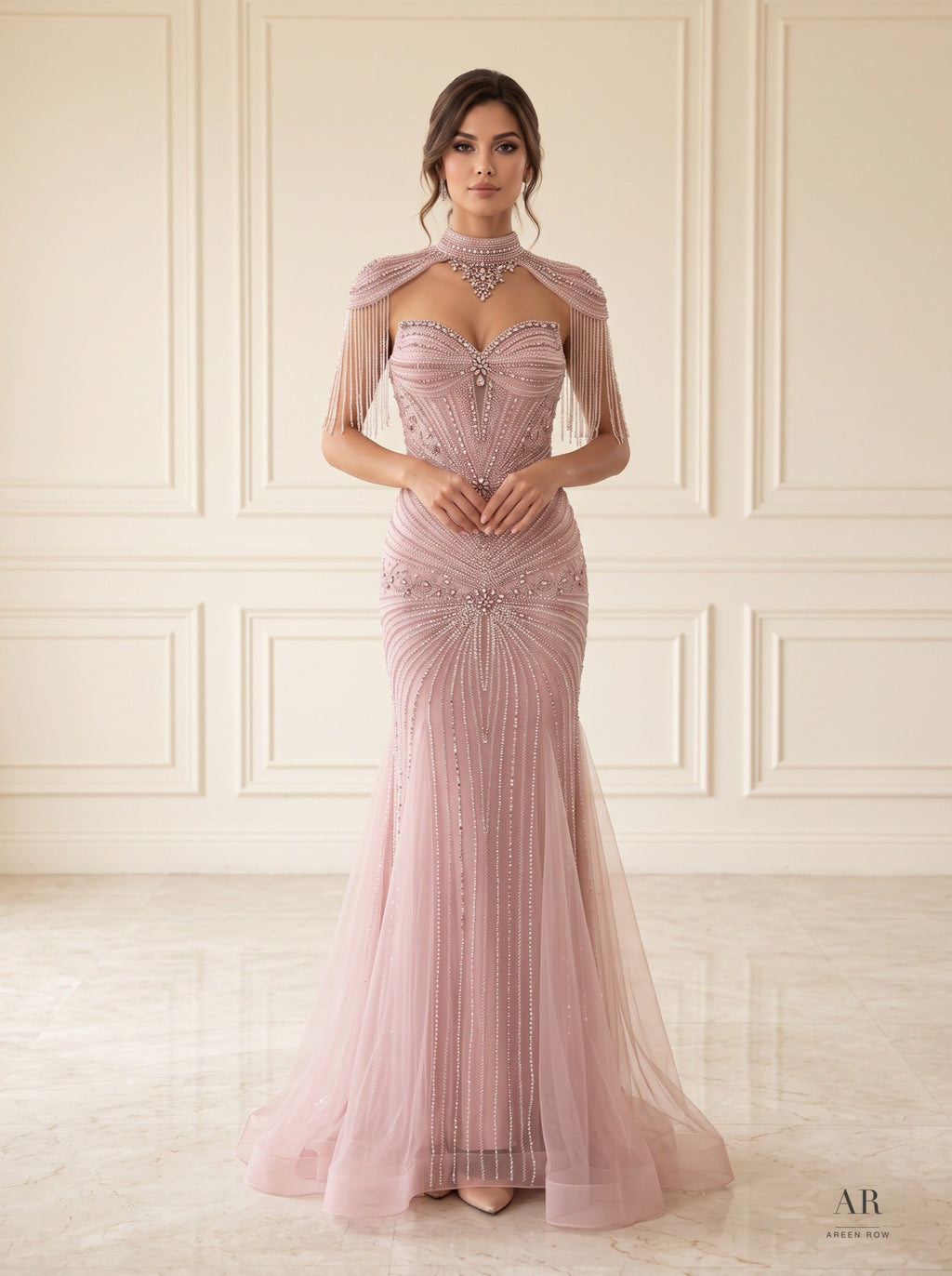 Rosabel blush beaded cape mermaid evening gown by Areen Row, front view