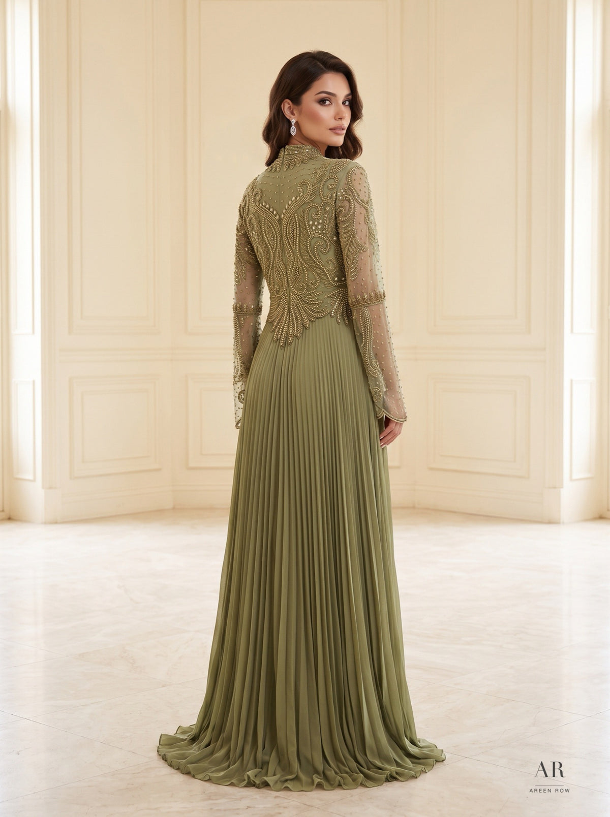 Sabine sage pearl-embroidered pleated mother of the bride gown by Areen Row, view 6
