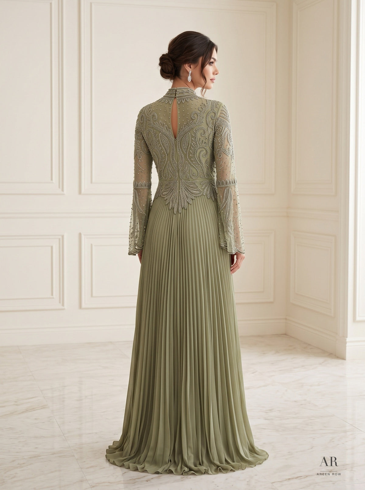 Sabine sage pearl-embroidered pleated mother of the bride gown by Areen Row, detail view