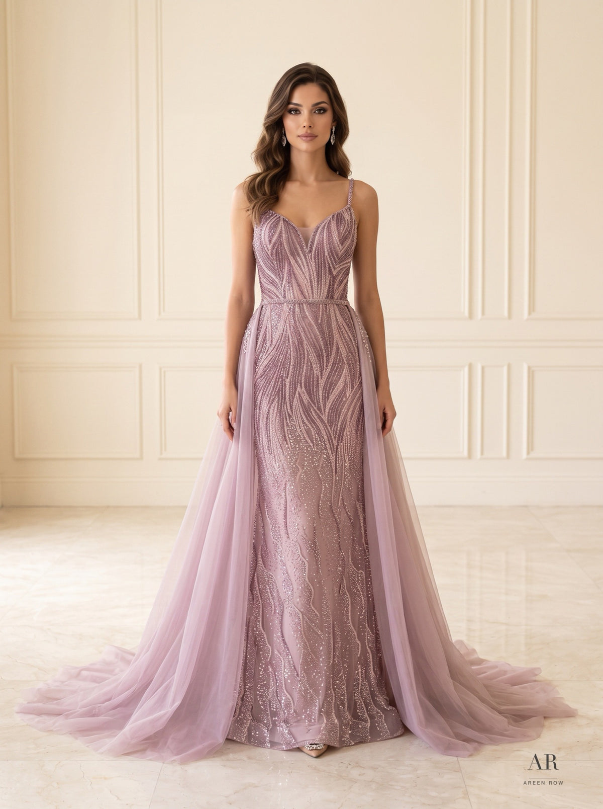 Amara champagne feather-beaded overskirt wedding dress by Areen Row, detail view