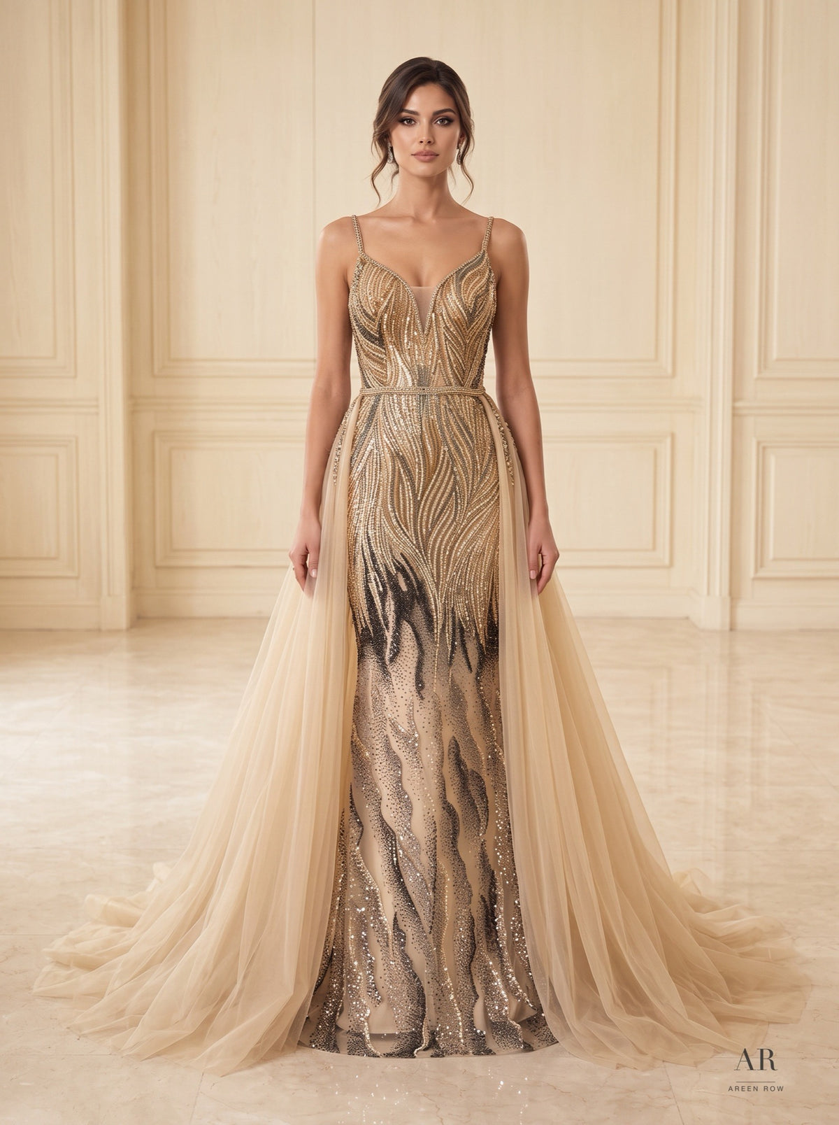 Amara champagne feather-beaded overskirt wedding dress by Areen Row, view 3