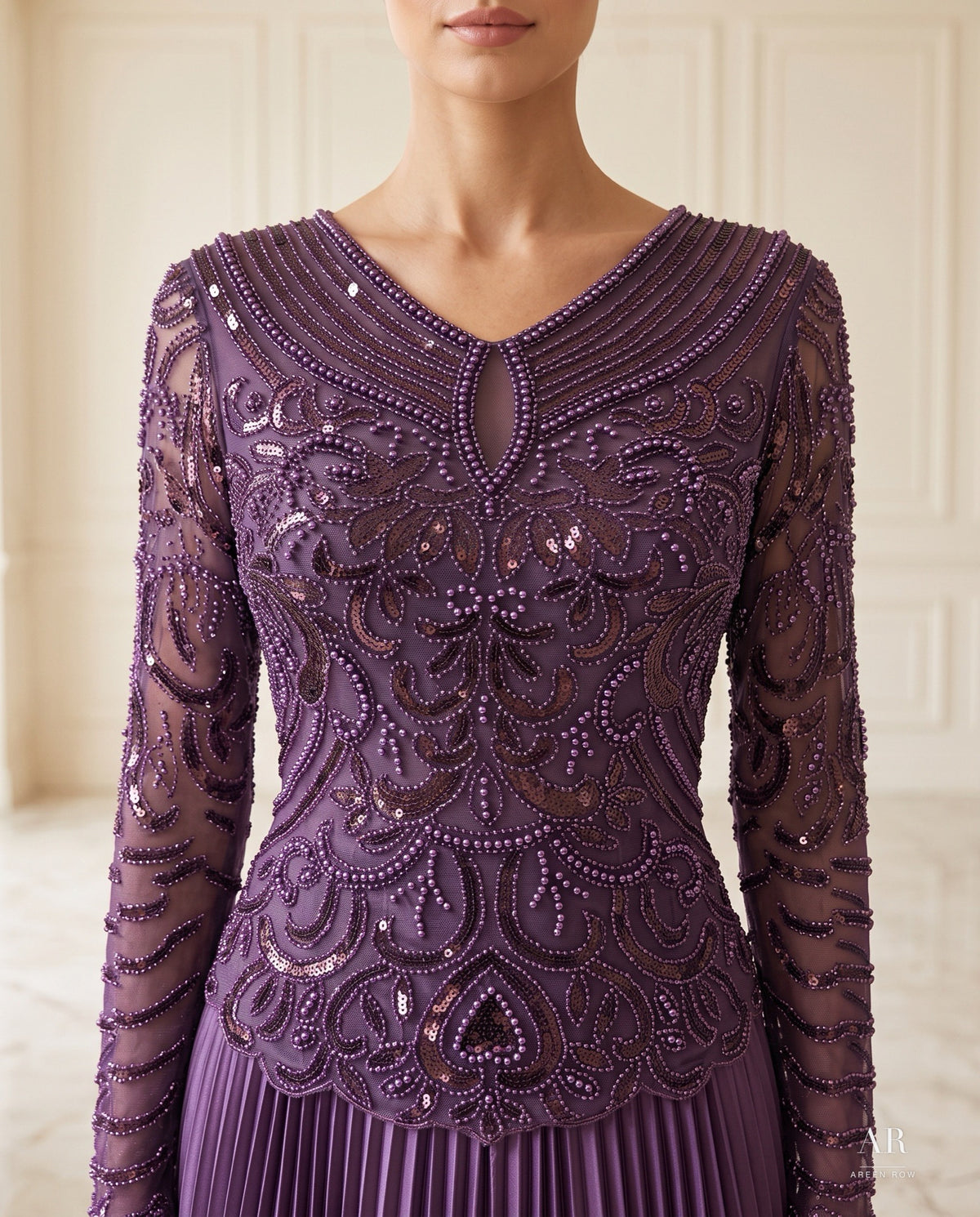 Violette purple beaded pleated mother of the bride gown by Areen Row, view 3