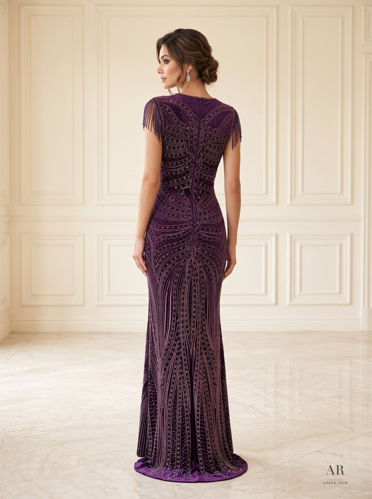 Rosalind beaded sleeveless column evening gown by Areen Row, view 3