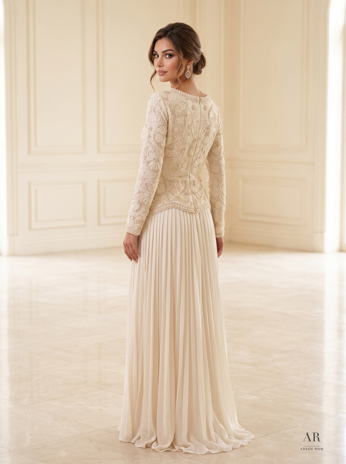 Fleur Set ivory floral beaded top & pleated skirt wedding dress by Areen Row, detail view