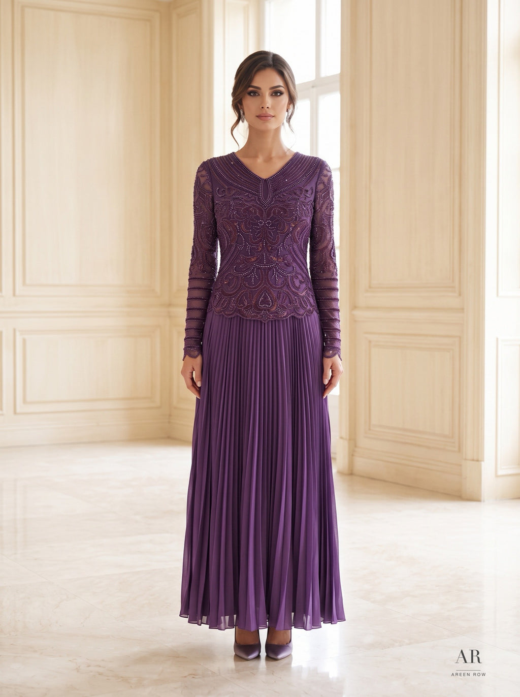 Violette purple beaded pleated mother of the bride gown by Areen Row, detail view