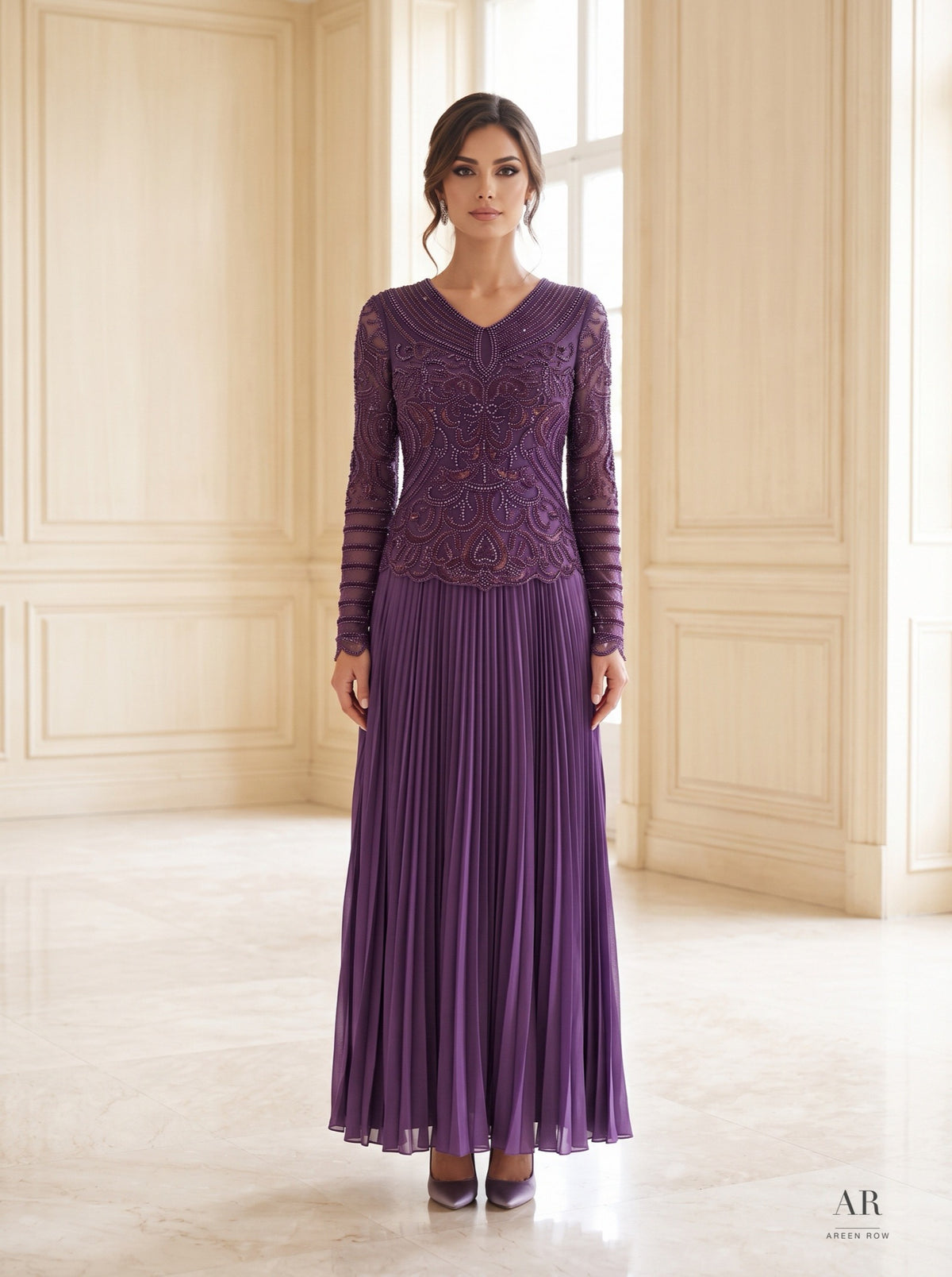 Violette purple beaded pleated mother of the bride gown by Areen Row, detail view