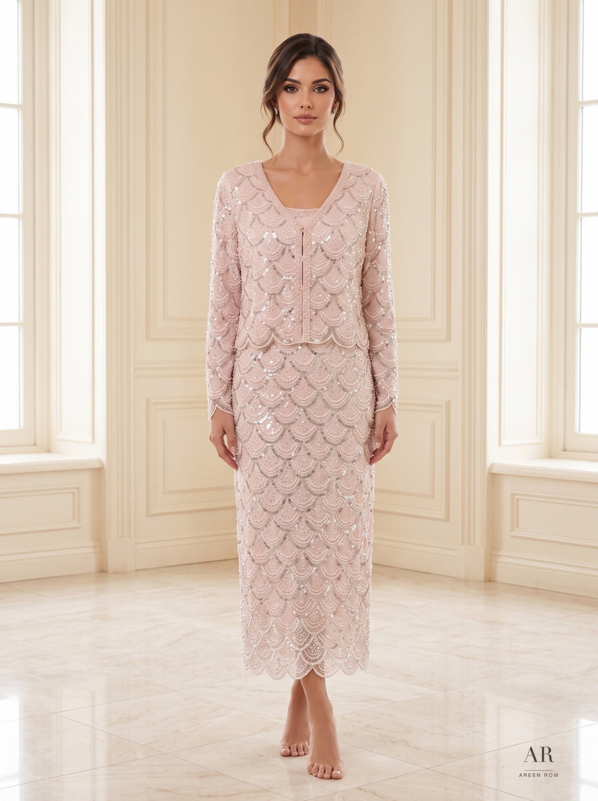 Camille Dress blush scallop sequin midi cocktail dress by Areen Row, view 3