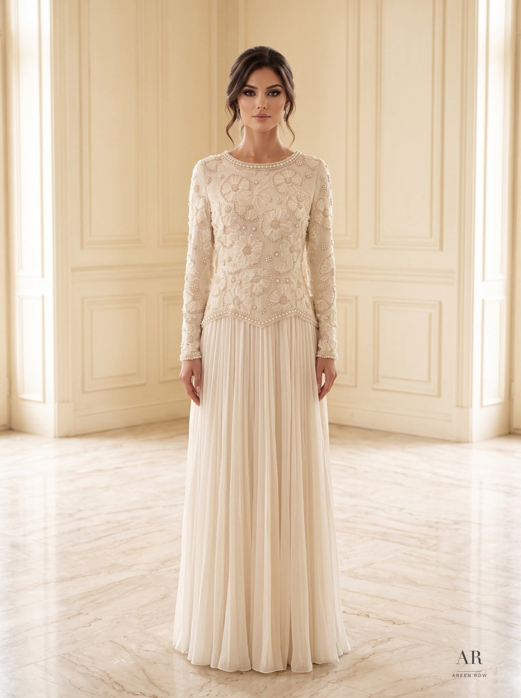 Fleur Set ivory floral beaded top & pleated skirt wedding dress by Areen Row, front view